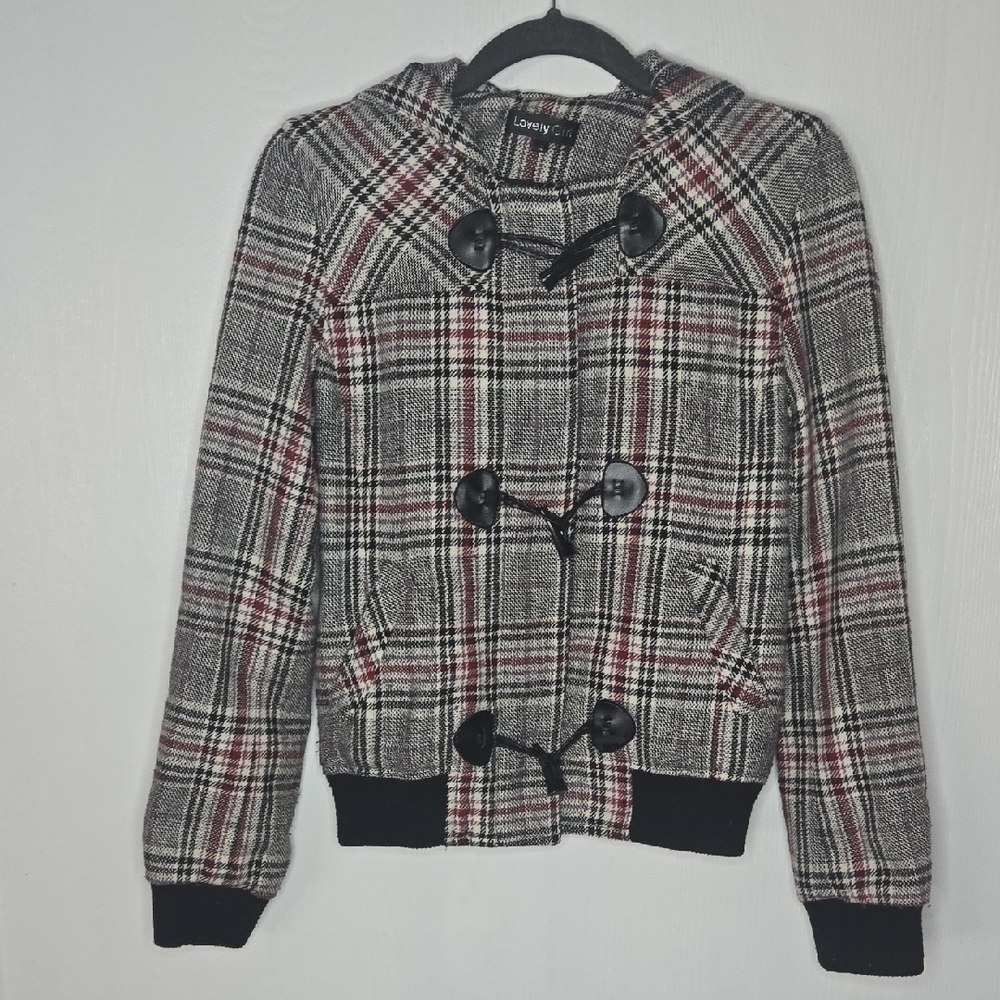 Lorry C Women's Checkered Pea Coat - Black and Red